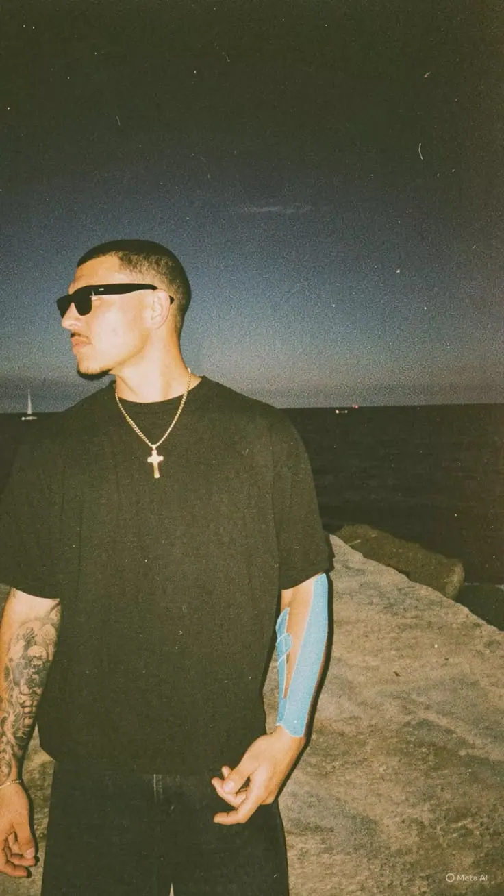 A black tee and sunglasses at dusk — men's portrait