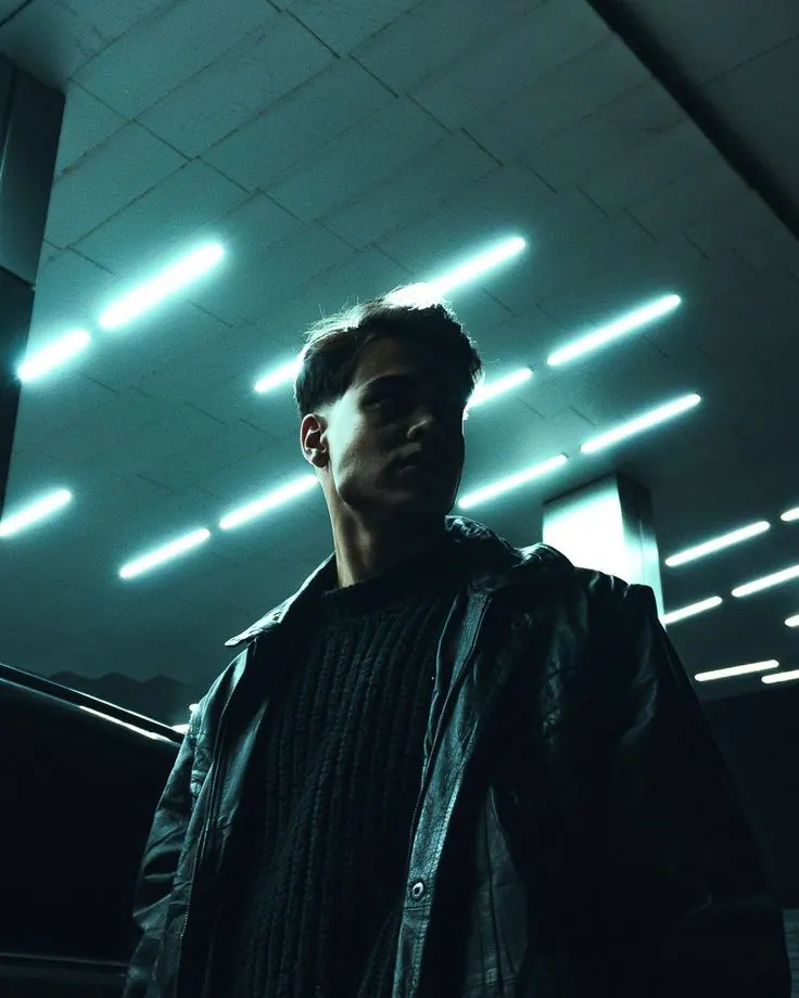 A portrait beneath cyan ceiling lights — men's portrait