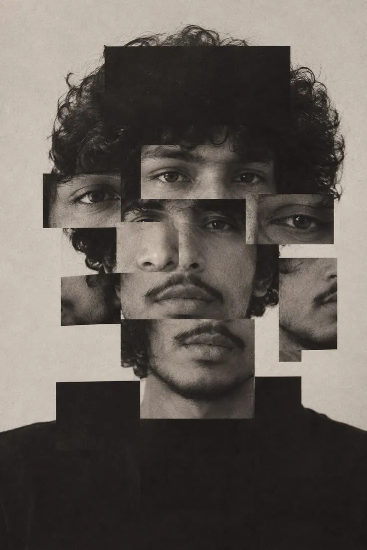 A man's face in a fragmented black and white collage — stylised shot