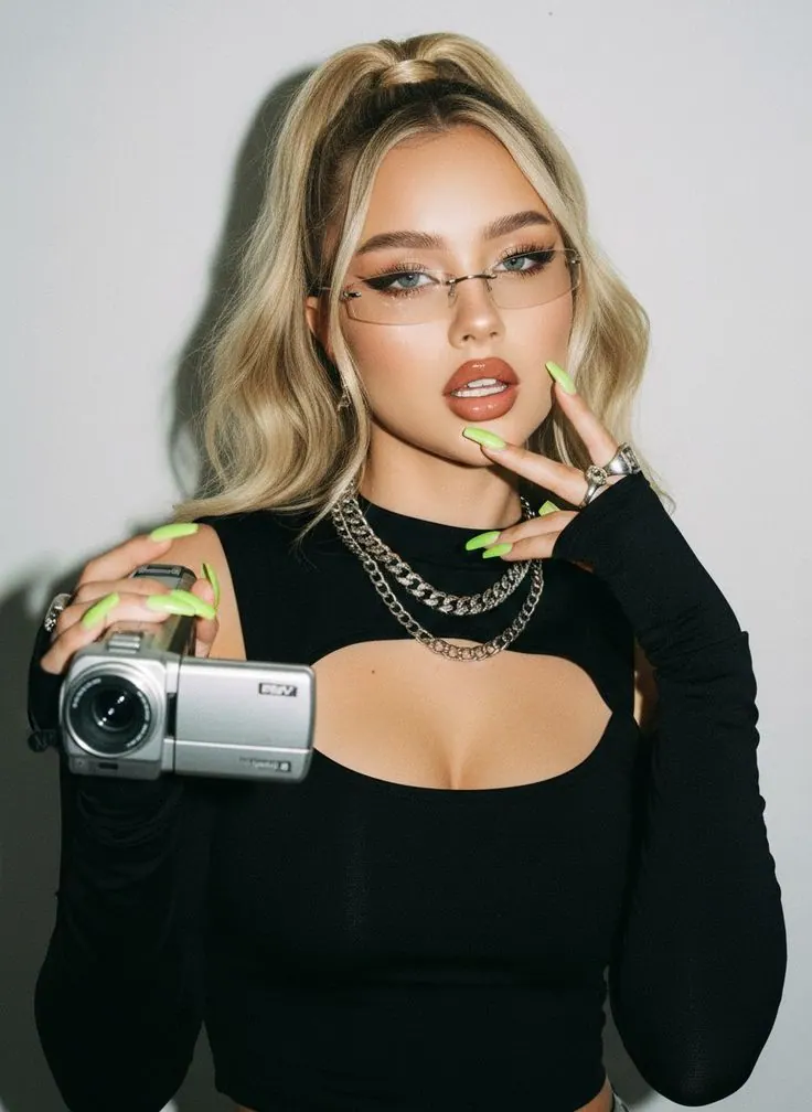 A camcorder, glasses and chains — women's portrait