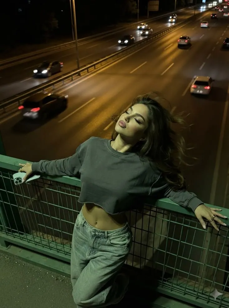 A bridge at night and open arms — women's portrait
