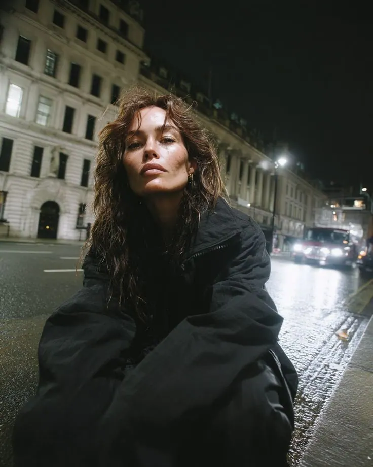 A wet city street at night — women's portrait