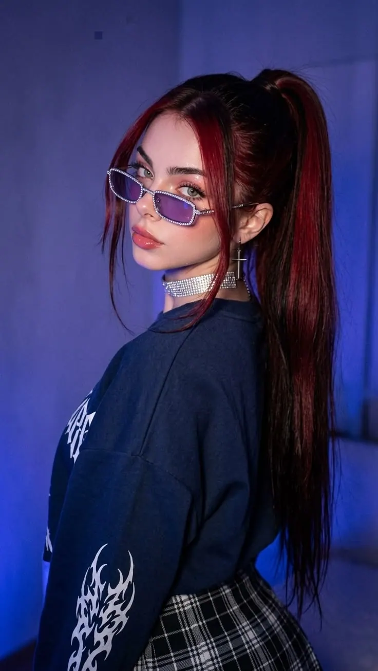 A high ponytail and purple glasses — women's portrait