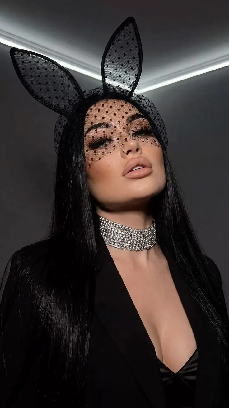 Veiled bunny ears in a dark studio — women's portrait