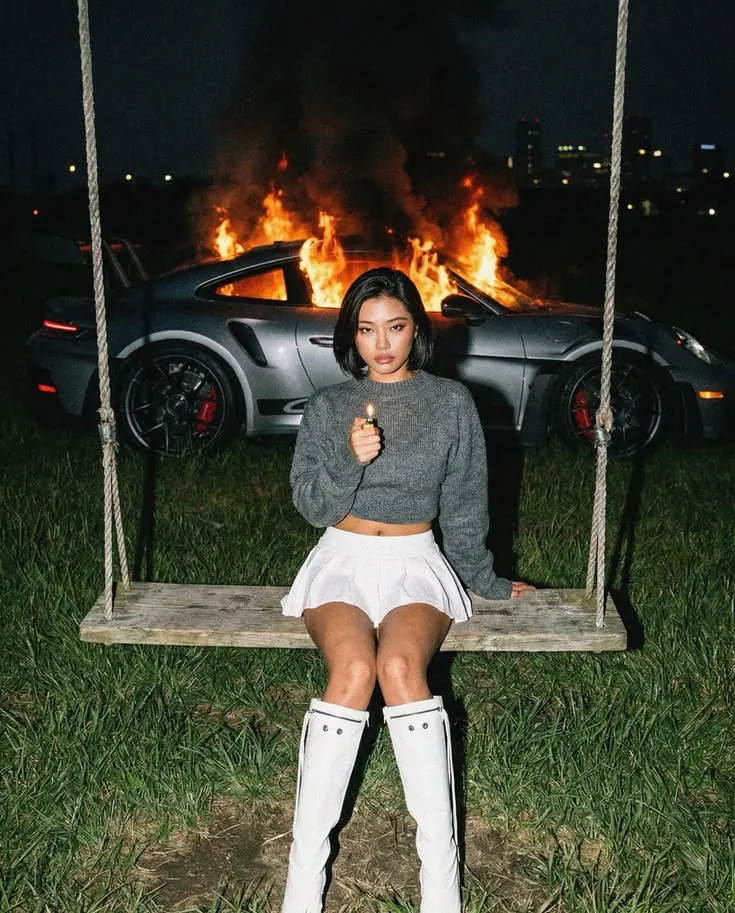 A swing and a burning car at night — women's portrait