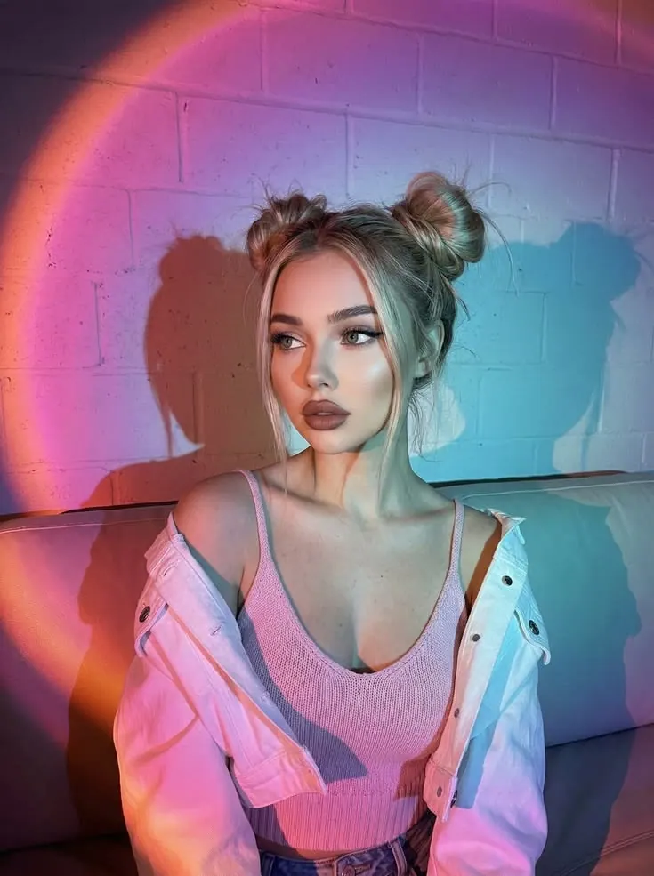 A colourful halo and double buns — women's portrait