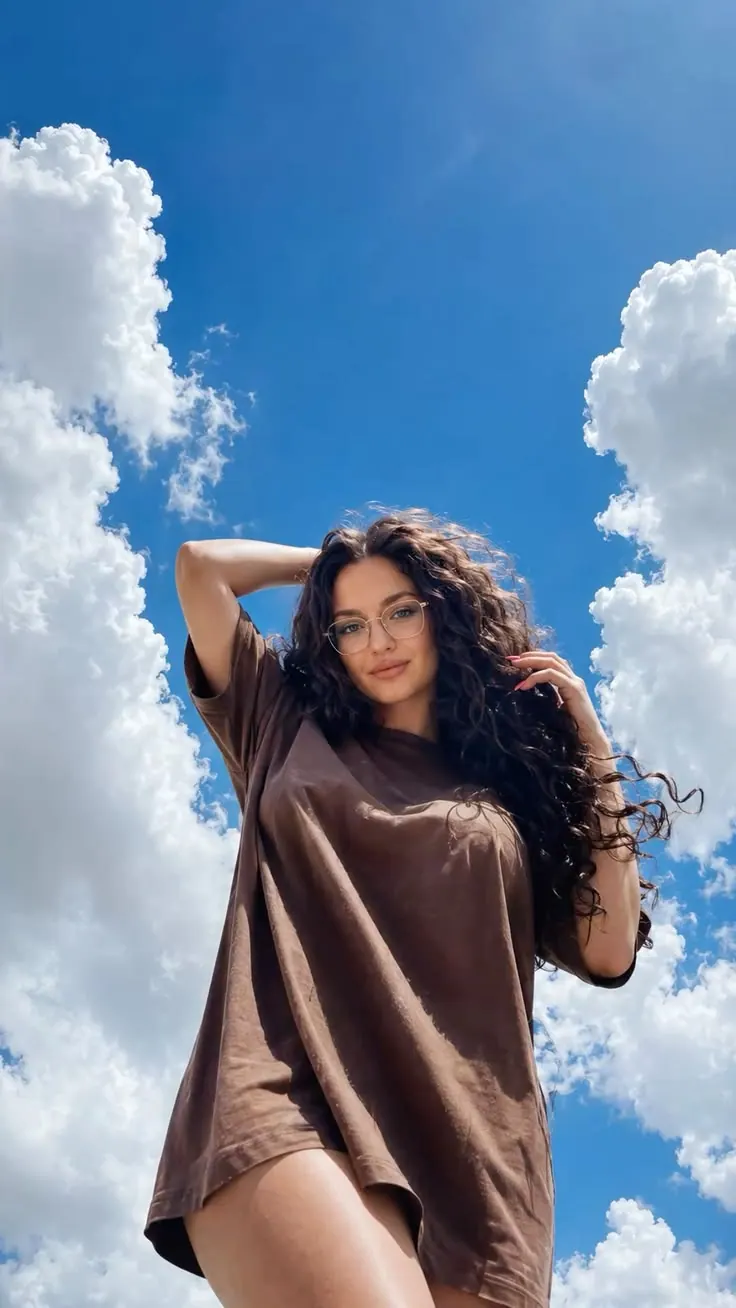 Una camiseta marrón bajo las nubes — retrato de mujer
