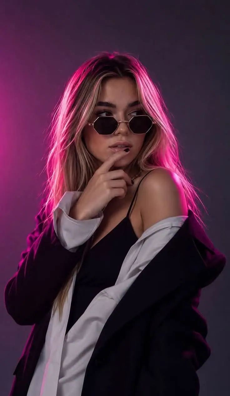 Contraluz rosa y gafas de sol — retrato de mujer