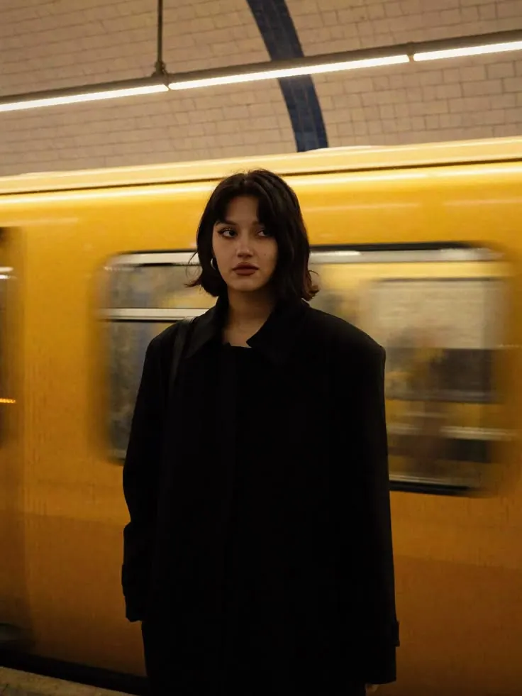A black coat beside a yellow train — women's portrait
