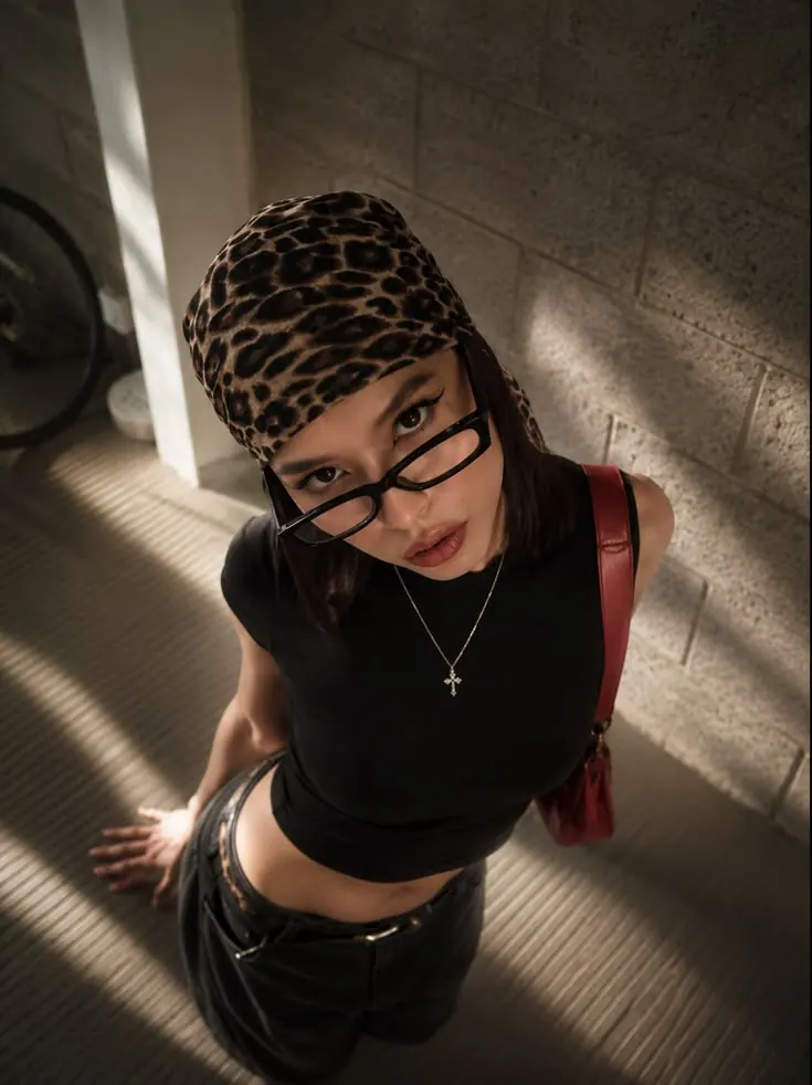 Gafas de leopardo en una escalera soleada — retrato de mujer