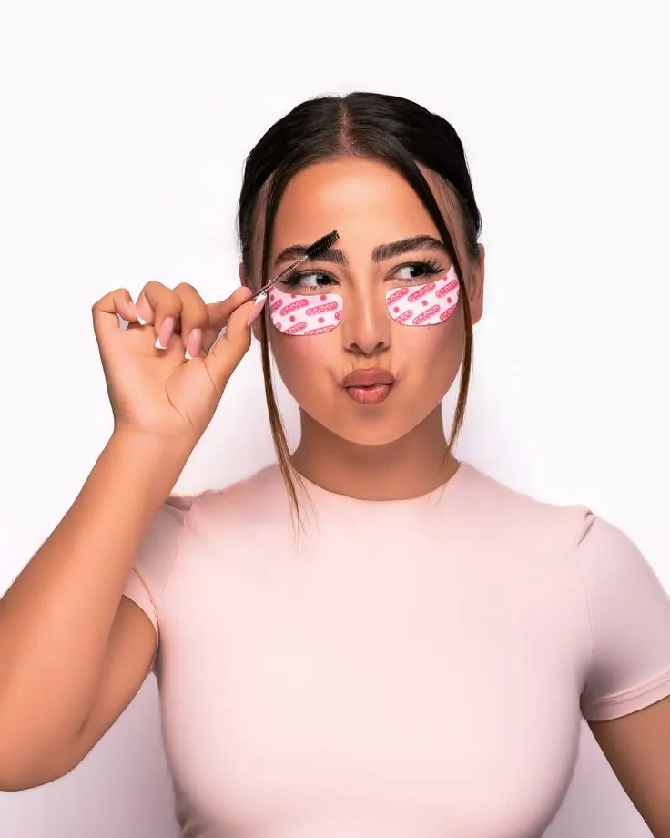 Beauty professional photoshoot — under-eye beauty patches against a pink backdrop