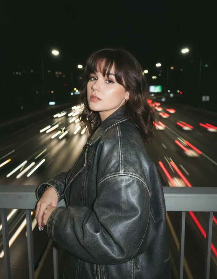 A leather jacket against blurred city lights — women's portrait