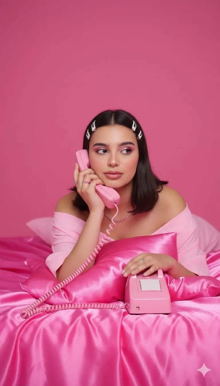 A pink telephone and satin robe in the studio — women's portrait