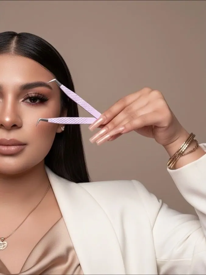 Lash artist photoshoot — lash tweezers beside the eye in close-up