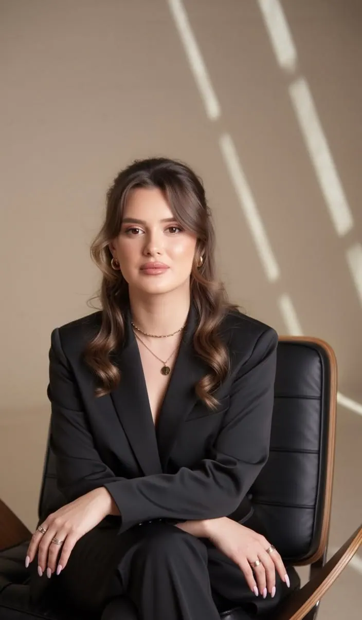 A black suit seated in an office chair — women's portrait
