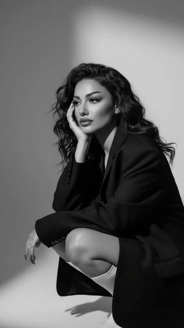 A black blazer in a low pose against white — women's portrait