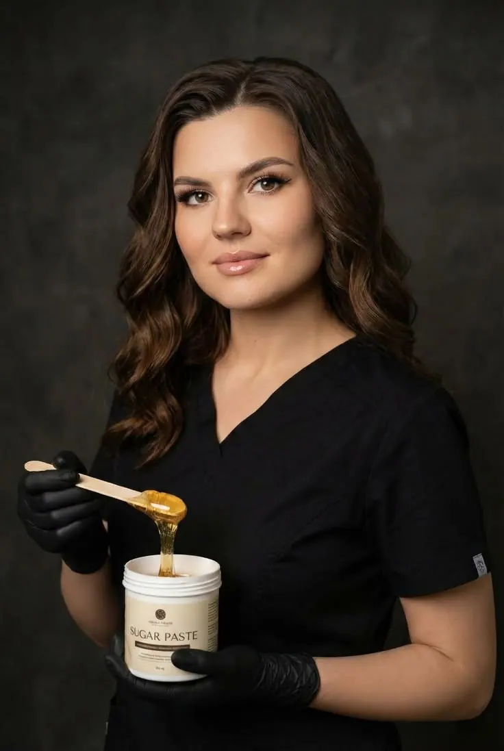 Sugaring specialist portrait — a sugaring specialist holding paste in gloves