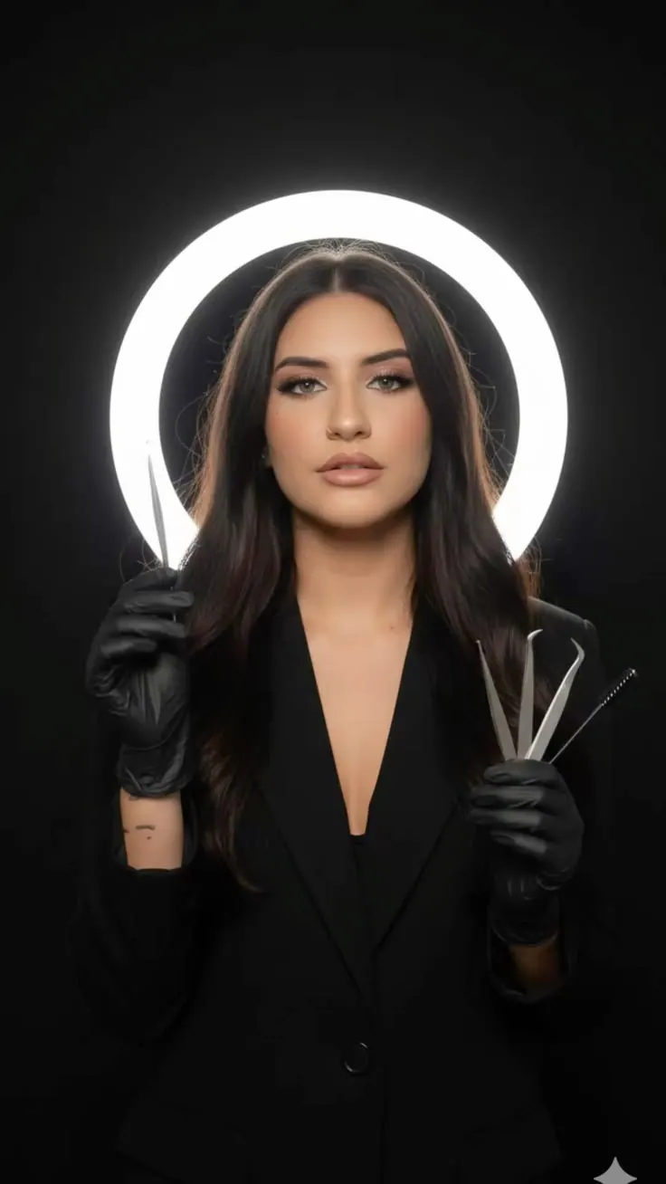 Lash artist photoshoot — a lash artist holding tweezers inside a ring light