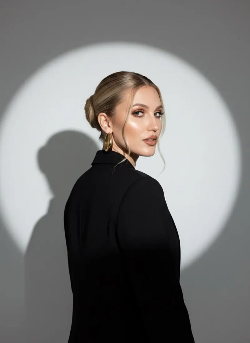 A woman's profile against a white circle of light