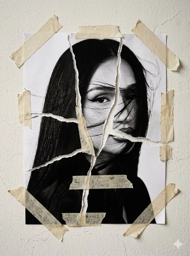 A woman's face behind torn paper strips — stylised shot