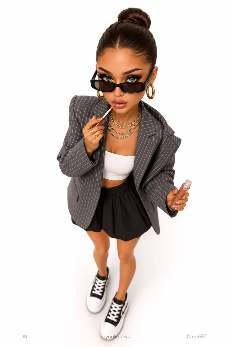 A miniature fashion figure in a grey suit — stylised shot