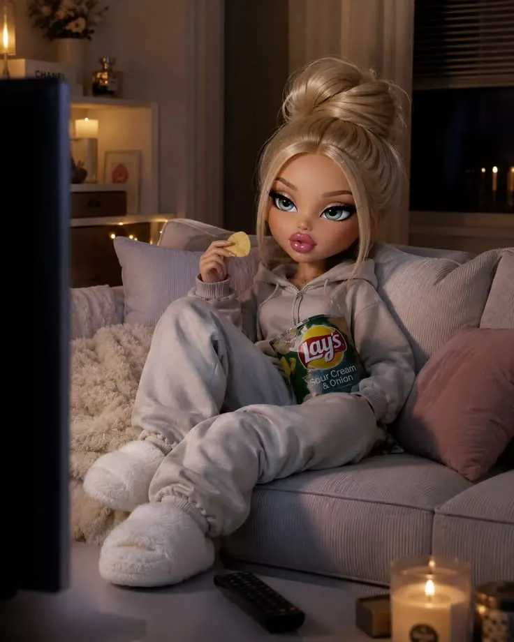 A fashion doll seated on a sofa in a cosy room — stylised shot