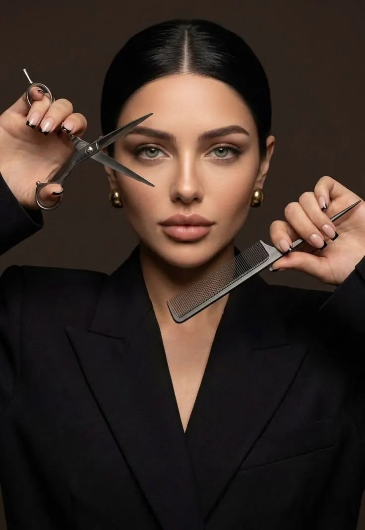 Hairdresser photoshoot — hairdresser scissors beside the face in close-up